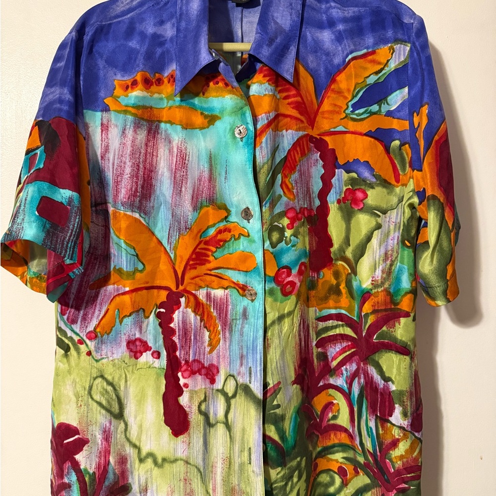 Colorful Tropical Silk Button-Up Shirt